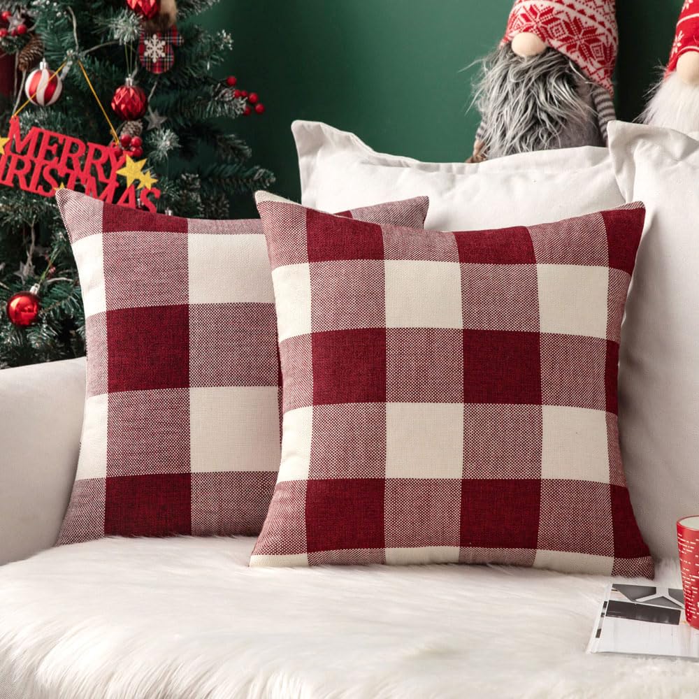 Pack of 2 Christmas Classic Farmhouse Buffalo Check Plaids Linen Soft Soild Decorative Square Porch Throw Pillow Covers