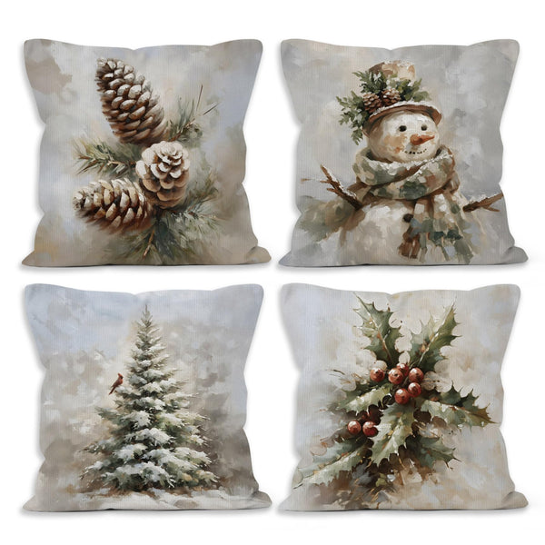Rustic Winter Christmas Throw Pillow Covers 18x18 Set of 4, Pine Cones Snowman Cardinal Home Decor