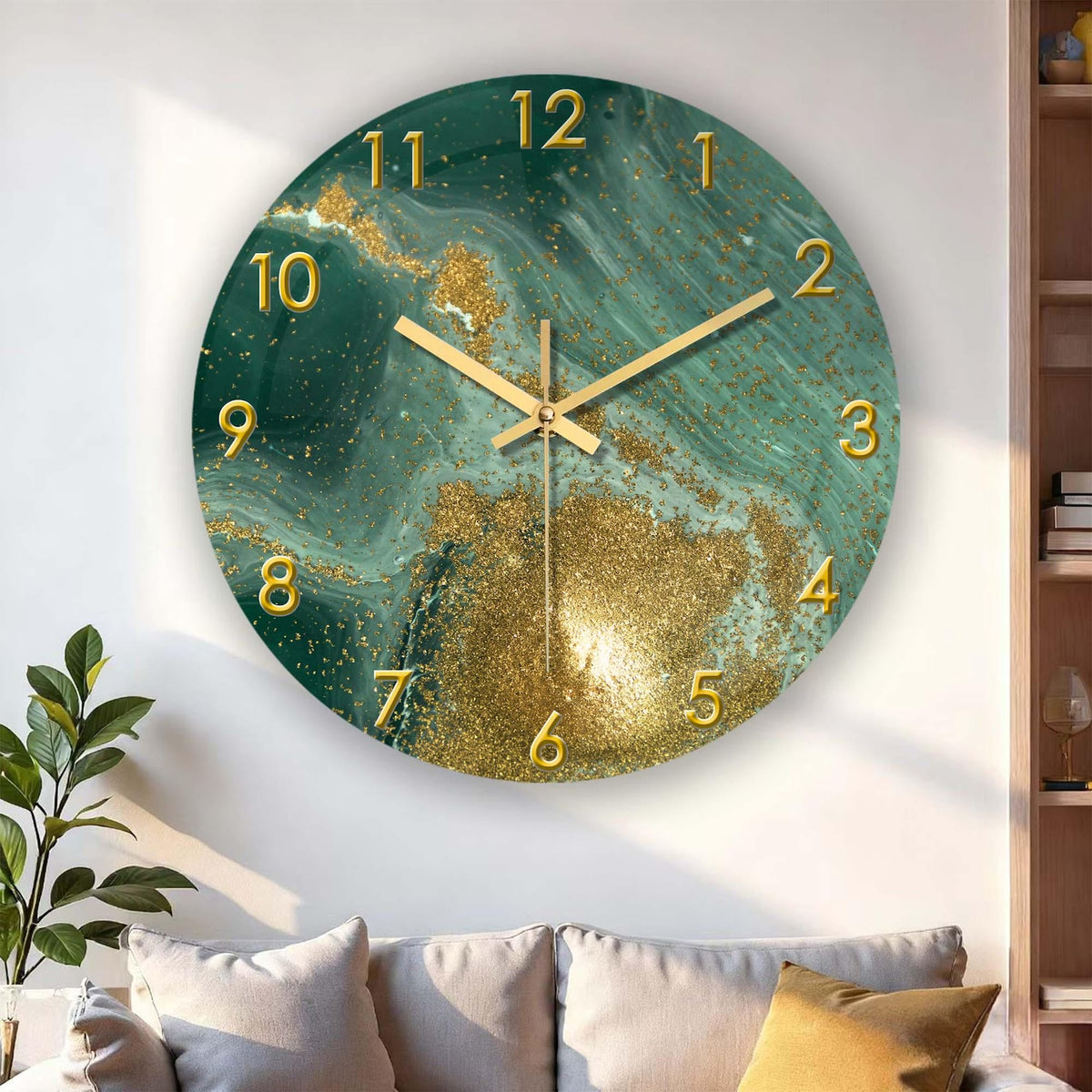 Marble Style Glass Wall Clock, Silent Quartz Movement, Gloden Glitter and Green