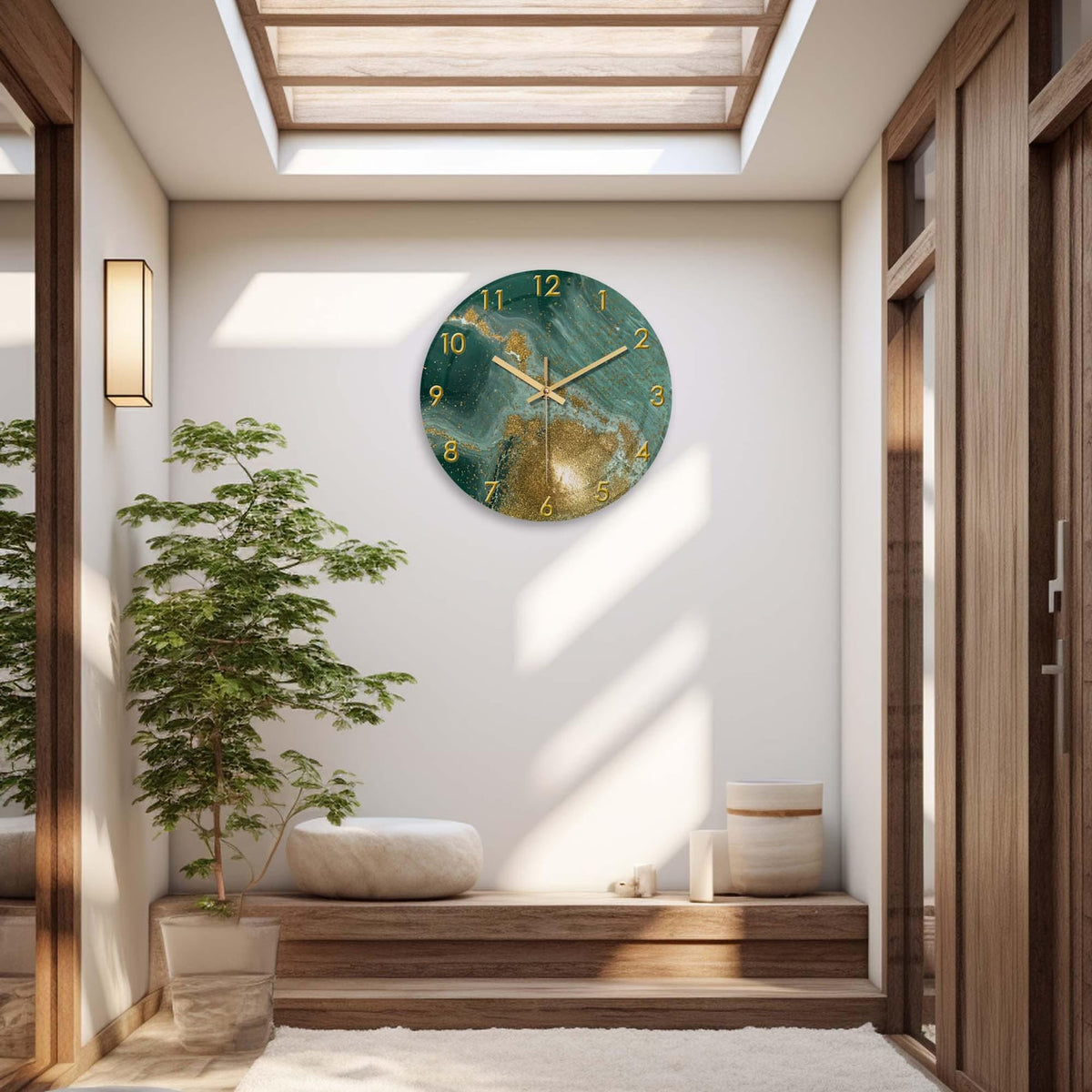 Marble Style Glass Wall Clock, Silent Quartz Movement, Gloden Glitter and Green