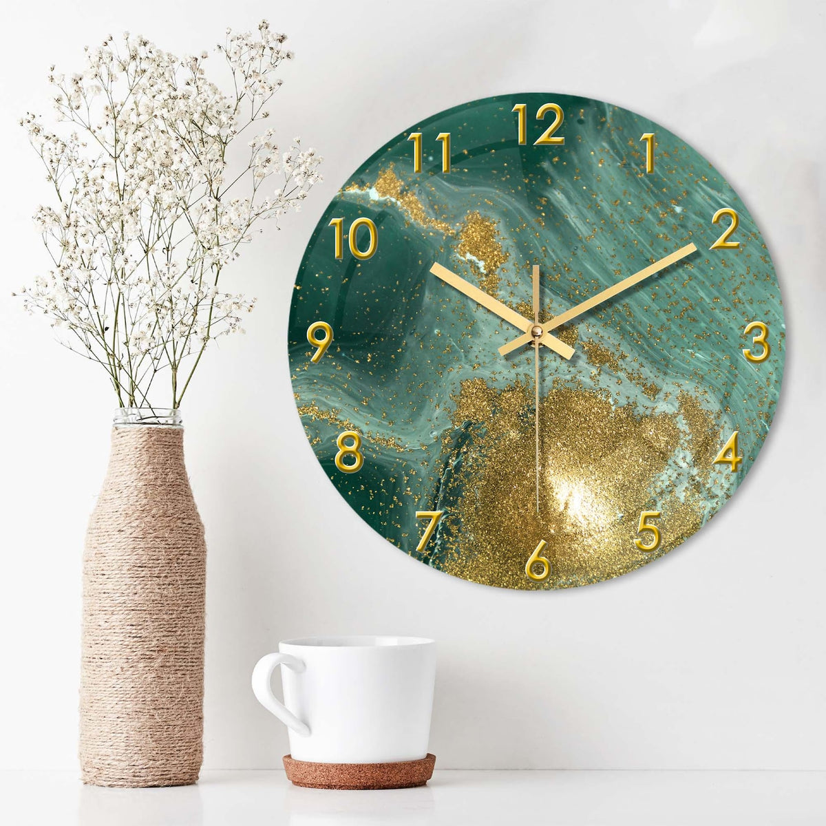 Marble Style Glass Wall Clock, Silent Quartz Movement, Gloden Glitter and Green