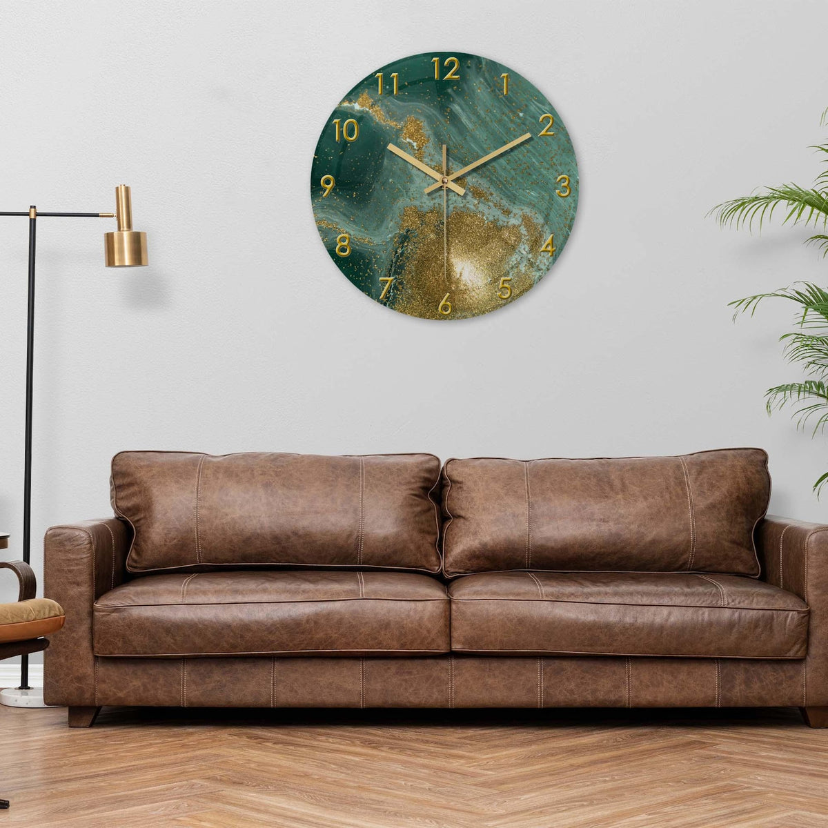 Marble Style Glass Wall Clock, Silent Quartz Movement, Gloden Glitter and Green