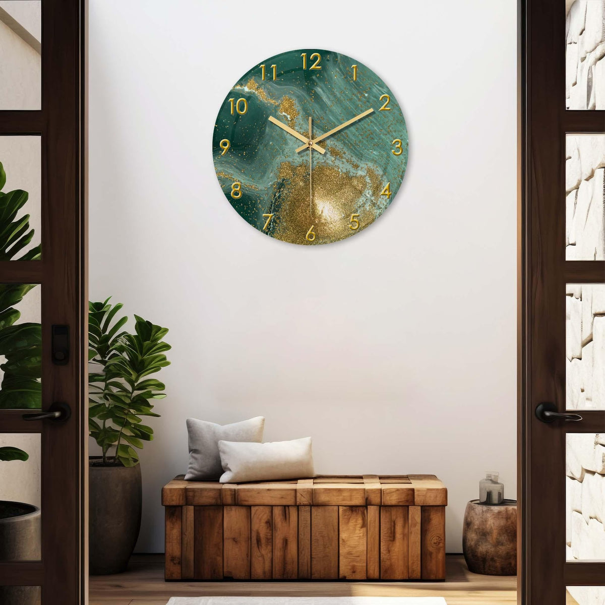 Marble Style Glass Wall Clock, Silent Quartz Movement, Gloden Glitter and Green