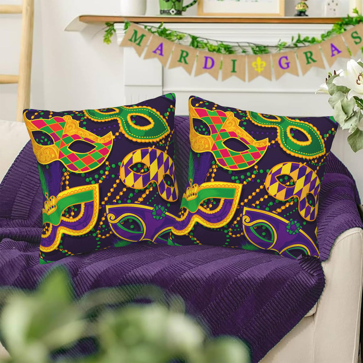 Outdoor Waterproof Mardi Gras Carnival Pillow Covers 18X18, Colorful Masks and Beads Decorative