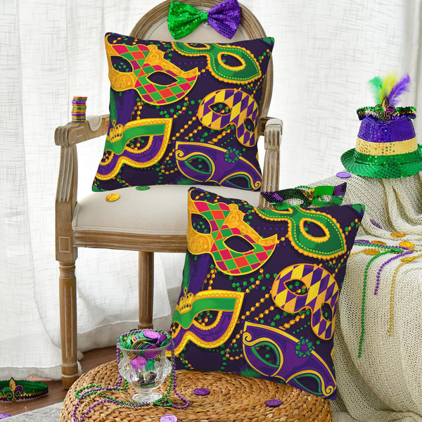 Outdoor Waterproof Mardi Gras Carnival Pillow Covers 18X18, Colorful Masks and Beads Decorative
