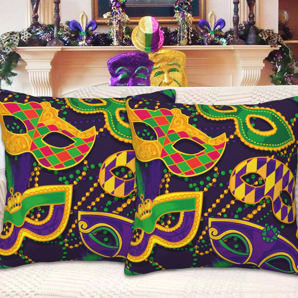 Outdoor Waterproof Mardi Gras Carnival Pillow Covers 18X18, Colorful Masks and Beads Decorative