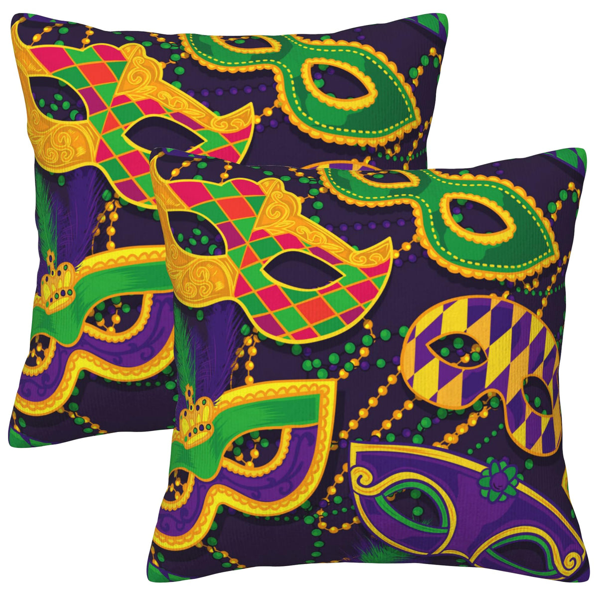 Outdoor Waterproof Mardi Gras Carnival Pillow Covers 18X18, Colorful Masks and Beads Decorative