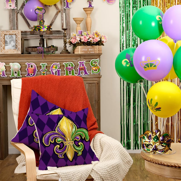 Outdoor Waterproof Mardi Gras Pillow Covers 18X18 Inch Set of 2 (Purple)