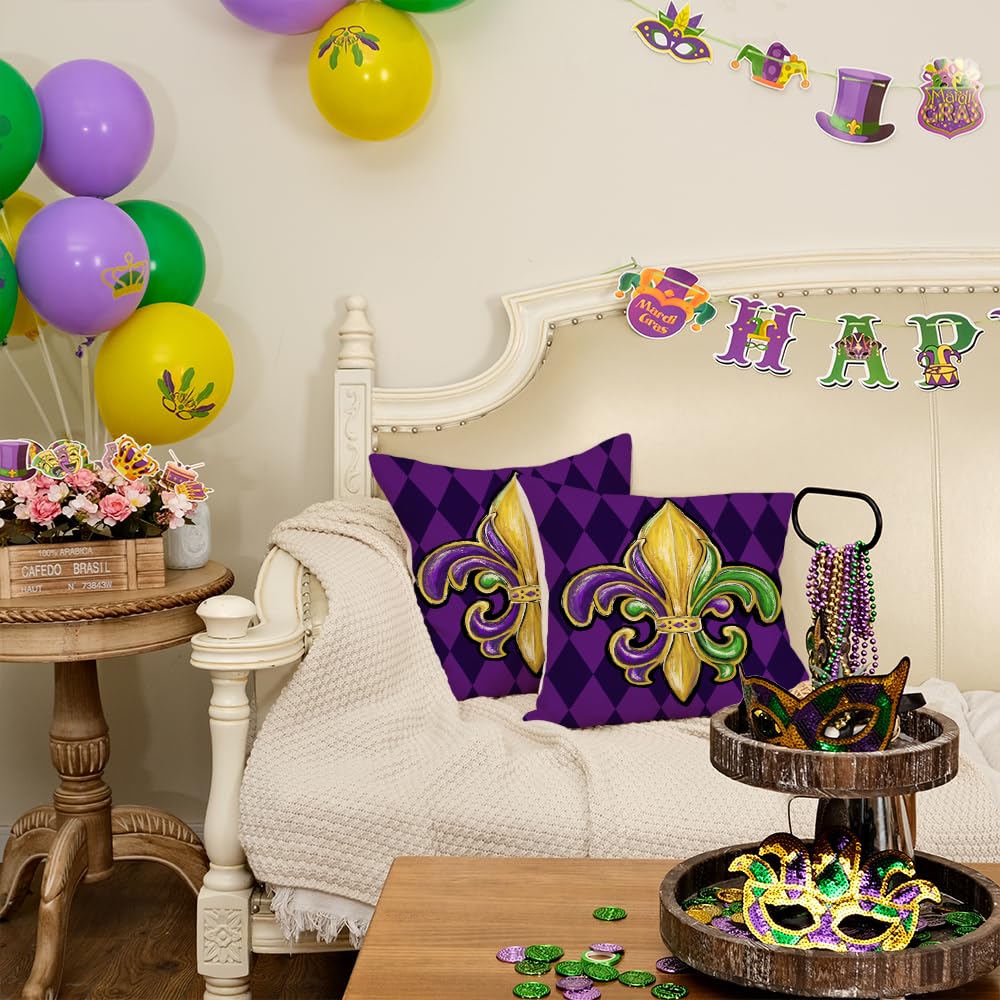 Outdoor Waterproof Mardi Gras Pillow Covers 18X18 Inch Set of 2 (Purple)
