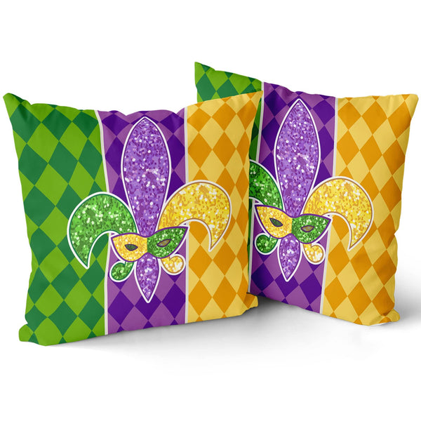 Outdoor Waterproof Mardi Gras Pillow Covers 18X18 Inch Masquerade Mask Fleur De Lis Couch Pillow Cases