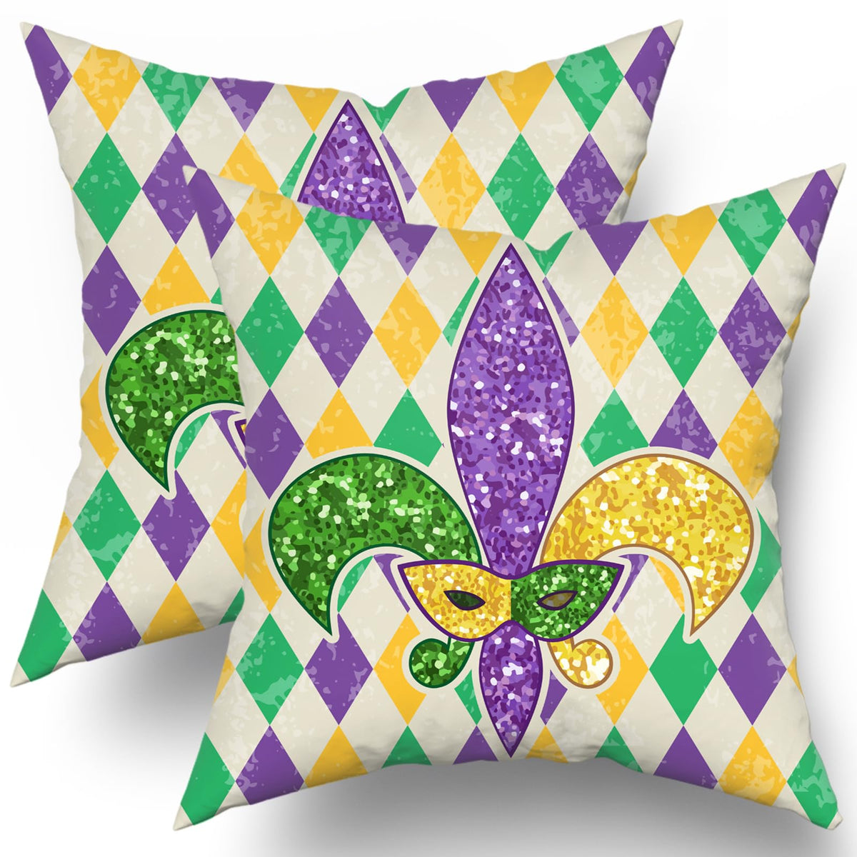 Outdoor Waterproof Mardi Gras Pillow Covers 18x18 Set of 2 Beautiful Yellow Purple Green