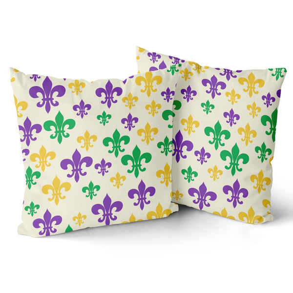 Outdoor Waterproof Mardi Gras Pillow Covers 18x18 Set of 2 Yellow Purple Green Beautiful Fleur De Lis
