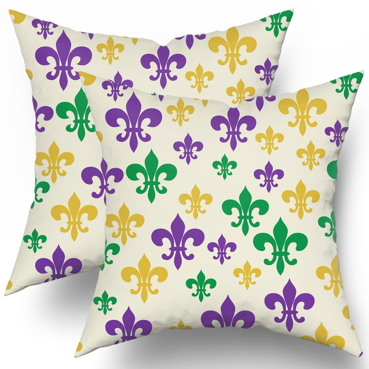 Outdoor Waterproof Mardi Gras Pillow Covers 18x18 Set of 2 Yellow Purple Green Beautiful Fleur De Lis