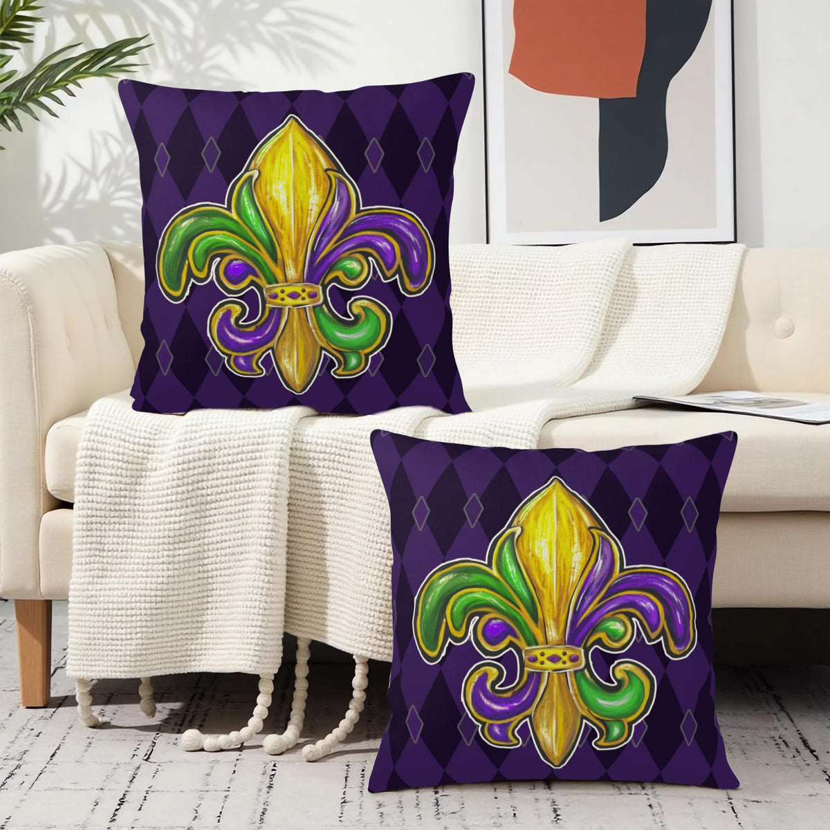 Outdoor Waterproof Mardi Gras Pillow Covers 18x18 Set of 2 Fleur De Lis, Purple Green Gold