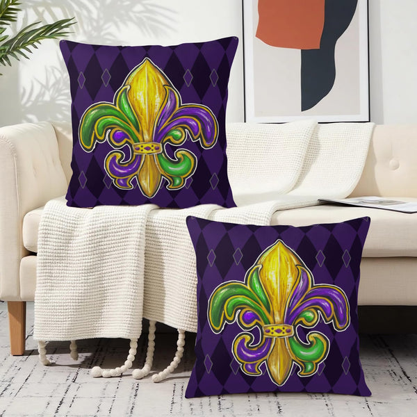 Outdoor Waterproof Mardi Gras Pillow Covers 18x18 Set of 2 Fleur De Lis, Purple Green Gold