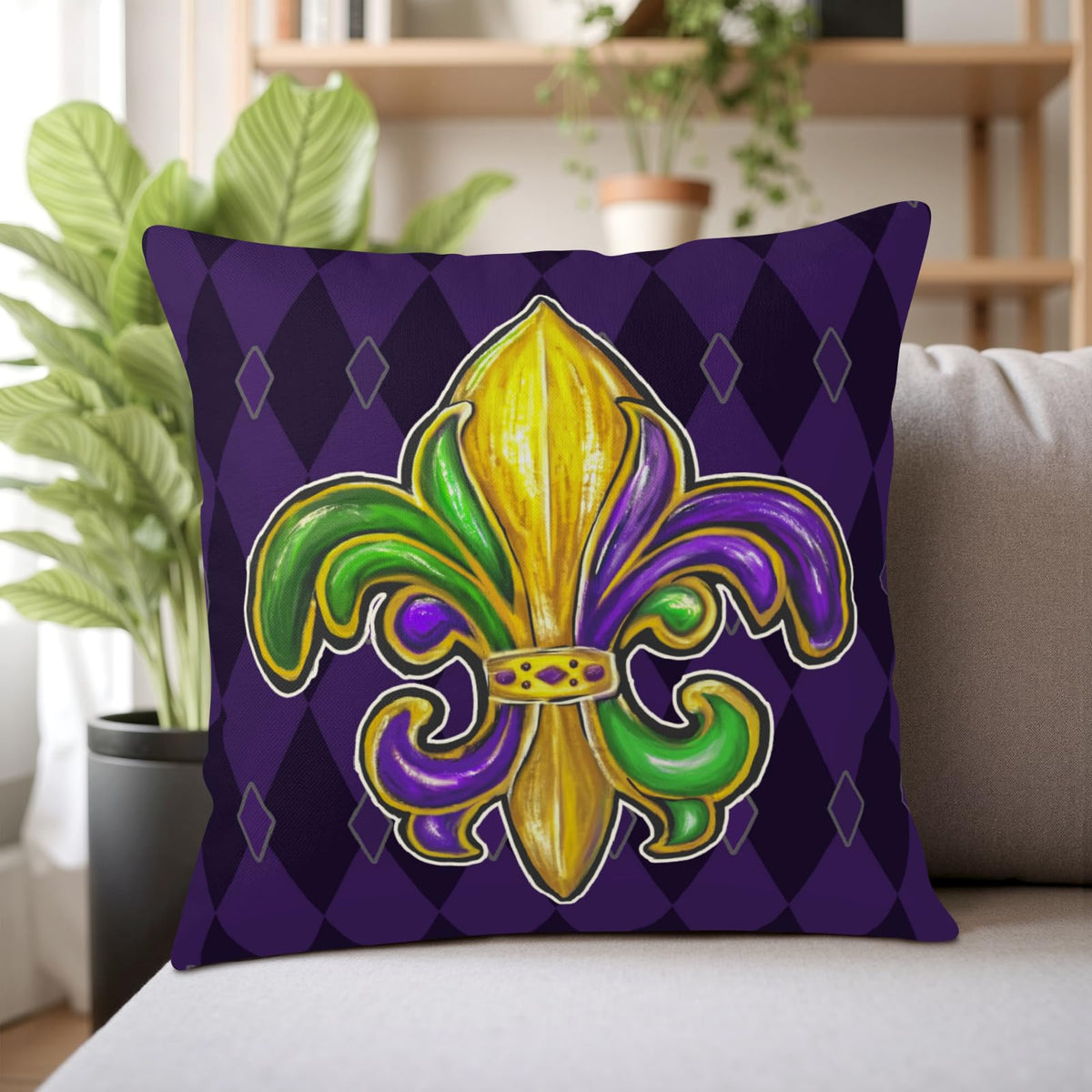 Outdoor Waterproof Mardi Gras Pillow Covers 18x18 Set of 2 Fleur De Lis, Purple Green Gold