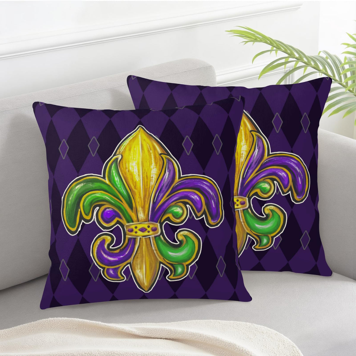 Outdoor Waterproof Mardi Gras Pillow Covers 18x18 Set of 2 Fleur De Lis, Purple Green Gold