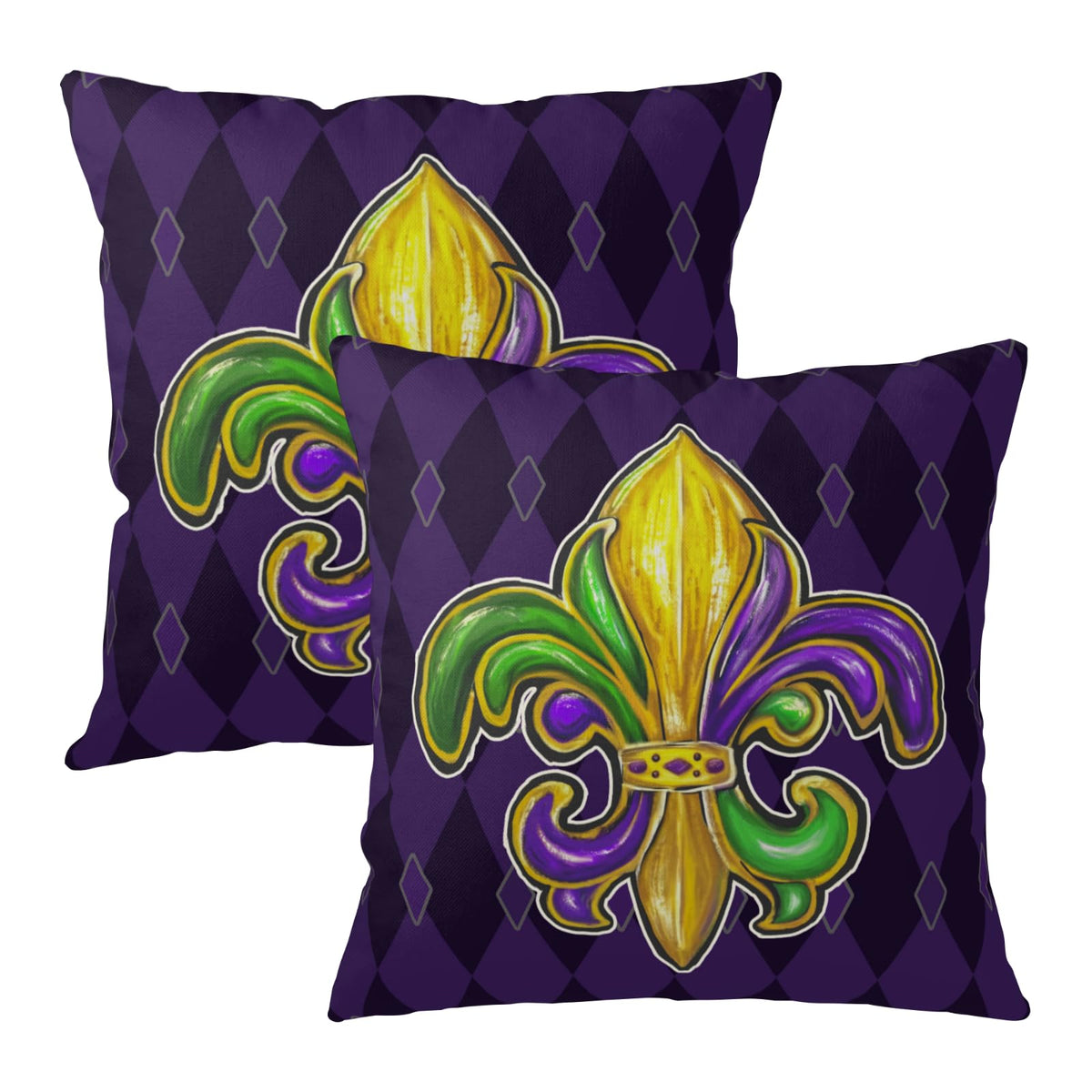 Outdoor Waterproof Mardi Gras Pillow Covers 18x18 Set of 2 Fleur De Lis, Purple Green Gold