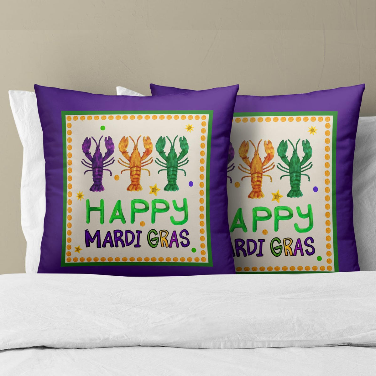 Outdoor Waterproof Happy Mardi Gras Purple Pillowcovers 18X18 Inch Purple and Cream Pillows Set of 2