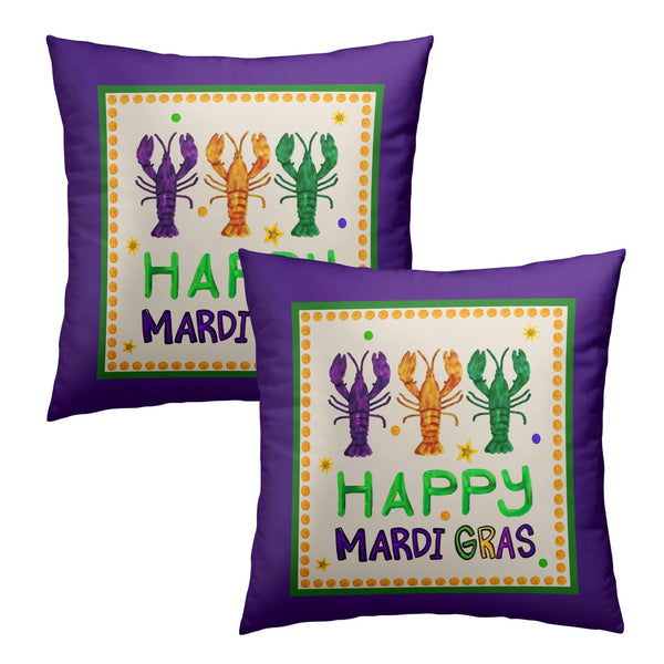 Outdoor Waterproof Happy Mardi Gras Purple Pillowcovers 18X18 Inch Purple and Cream Pillows Set of 2