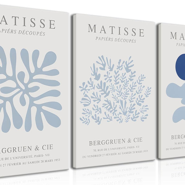 Matisse Canvas Wall Art Blue Abstract Poster Prints Framed Set of 3 Plant Leaves Aesthetic Pictures Minimalist Flower Market Painting