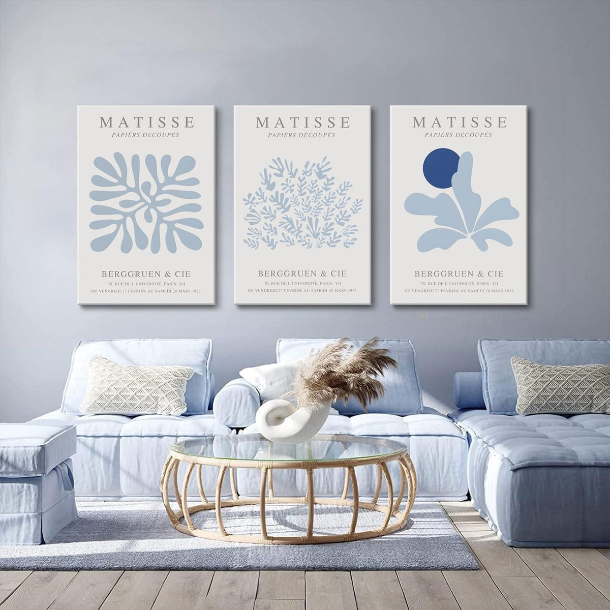 Matisse Canvas Wall Art Blue Abstract Poster Prints Framed Set of 3 Plant Leaves Aesthetic Pictures Minimalist Flower Market Painting