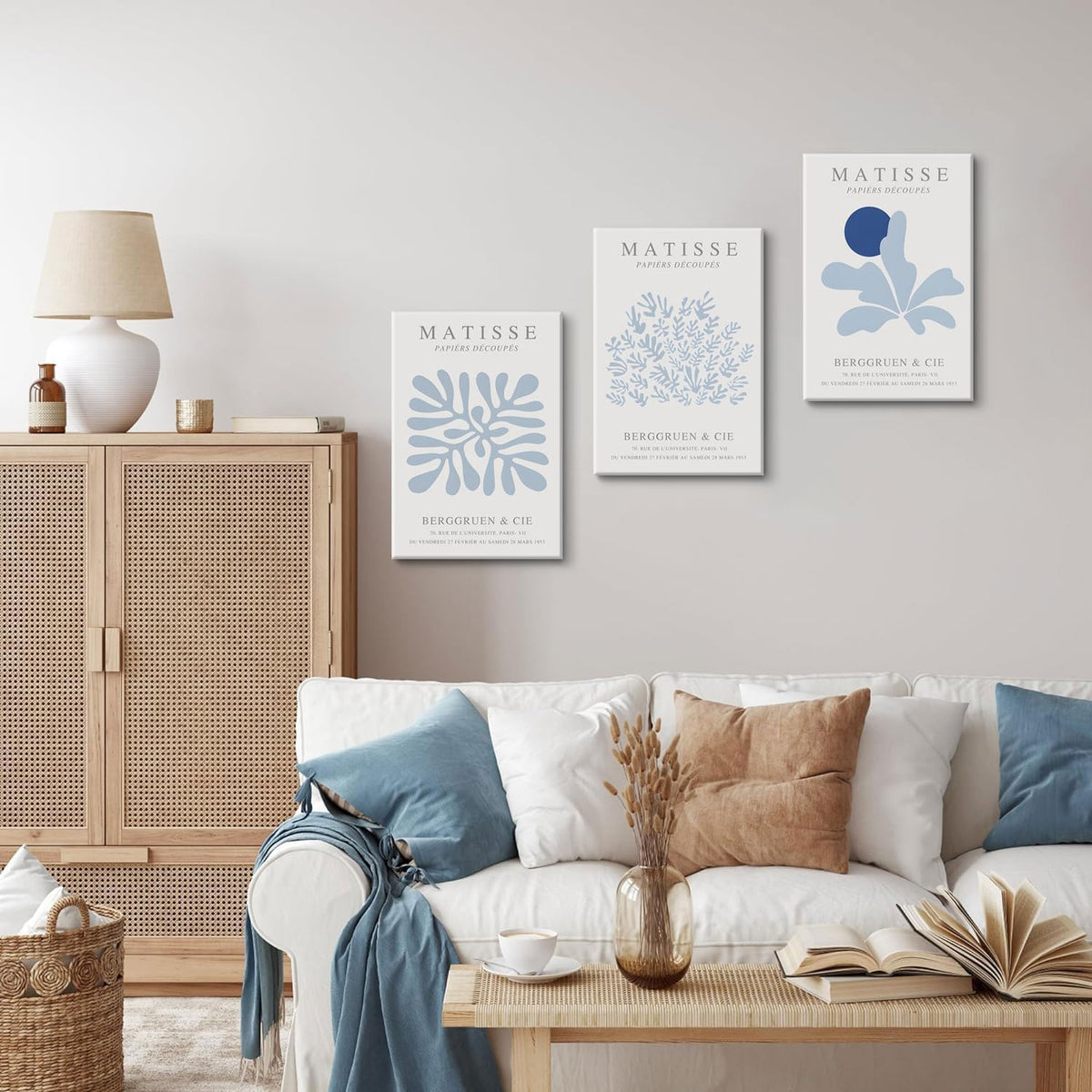 Matisse Canvas Wall Art Blue Abstract Poster Prints Framed Set of 3 Plant Leaves Aesthetic Pictures Minimalist Flower Market Painting