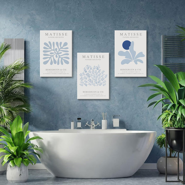 Matisse Canvas Wall Art Blue Abstract Poster Prints Framed Set of 3 Plant Leaves Aesthetic Pictures Minimalist Flower Market Painting