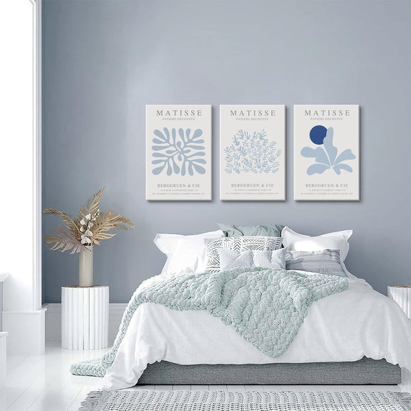 Matisse Canvas Wall Art Blue Abstract Poster Prints Framed Set of 3 Plant Leaves Aesthetic Pictures Minimalist Flower Market Painting