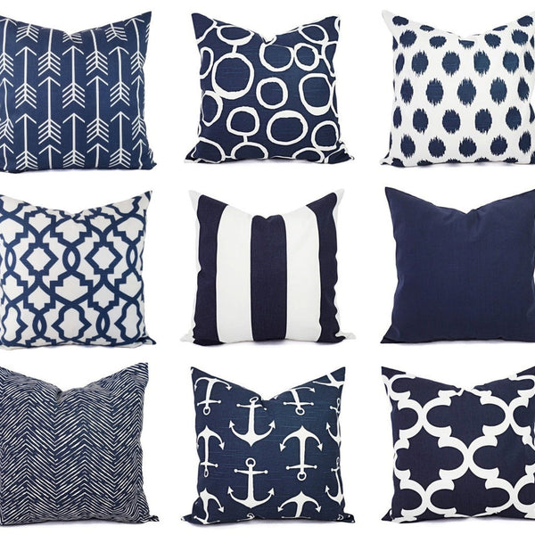 Navy and White Pillow Cover, Navy Blue Throw Pillow Cover, Navy Euro Sham