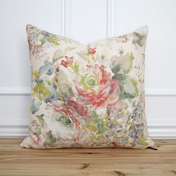 Pink Floral Pillow Cover • 18x18 Throw Pillow • Linen Pillow Cover