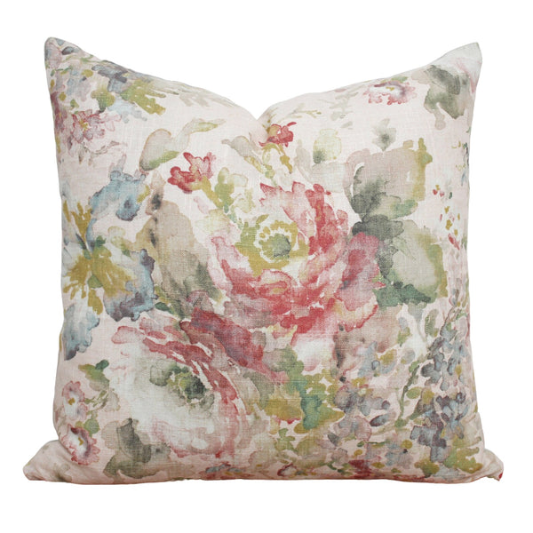 Pink Floral Pillow Cover • 18x18 Throw Pillow • Linen Pillow Cover