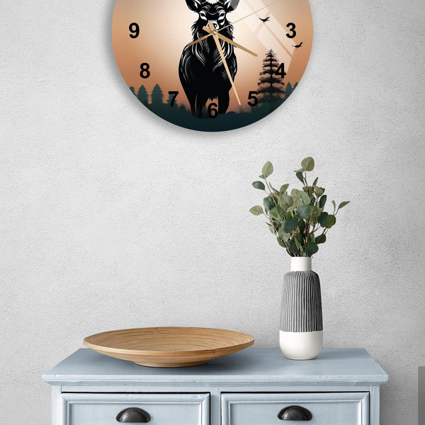 Deer and Forest Tempered Glass Wall Clock, Farmhouse Home Decor - Christmas Decoration