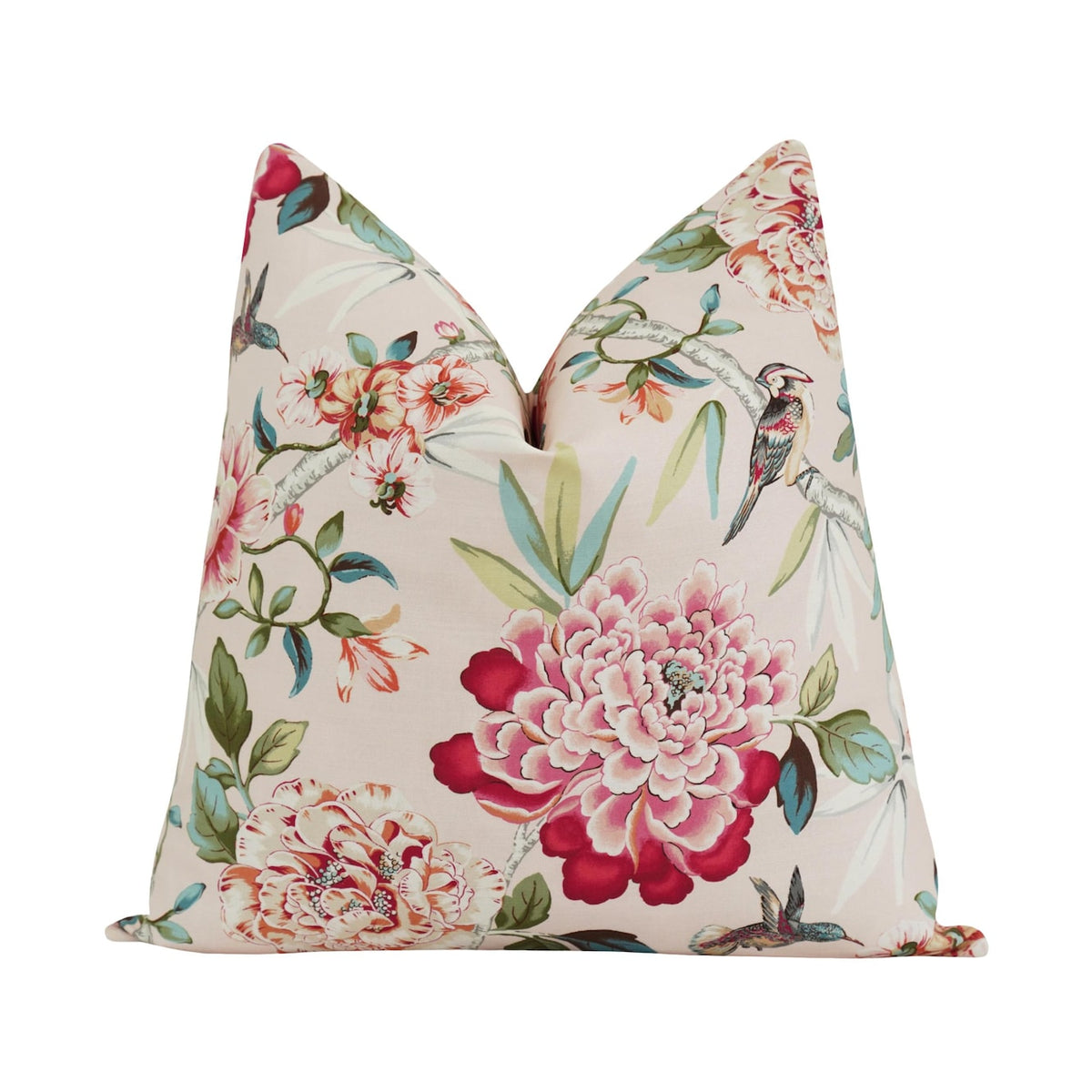Bird and Peony Pillow Cover, Chinoiserie Floral Accent Cushion in Coral, Red, Sage, Seafoam & Blush, 18x18 Decorative Throw Pillow for Sofa