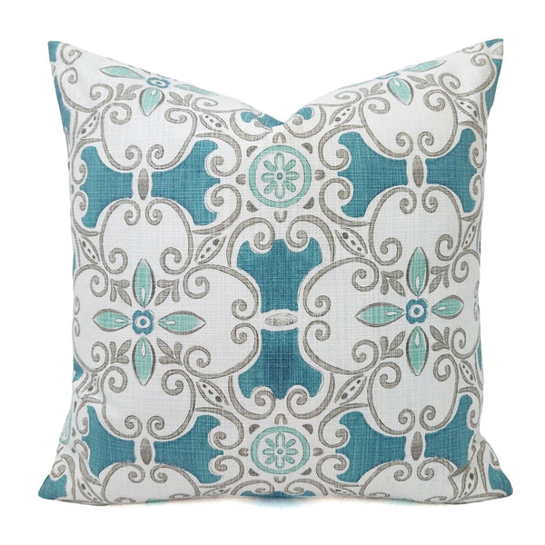 Blue and Grey Pillow Cover, 18x18 Inch Waterproof Outdoor Aqua Coastal Decor Pillow Sham