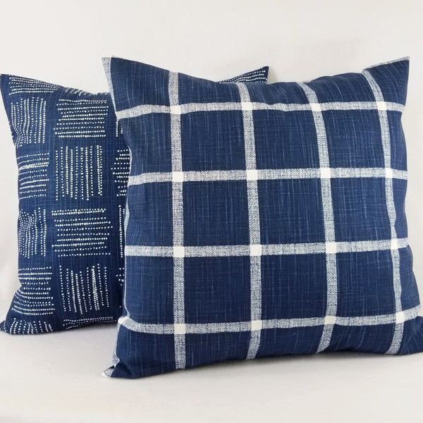 2 Pack Dark Blue Pillow Cover, Mid Century Blue Tie-Dye Watercolor Pillow Sham, Buffalo Plaid & Geometric Stripes