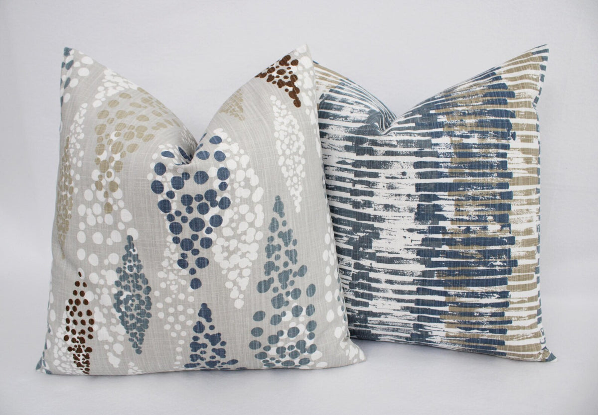 Blue and Grey Pillow Cover, Blue Decorative Pillow Cover, Modern Pillow Cover, Stripes and Dots