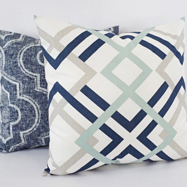 Blue and White Pillow Cover, 18x18 Inch Waterproof Outdoor Modern Floral Geometry Pillow Sham