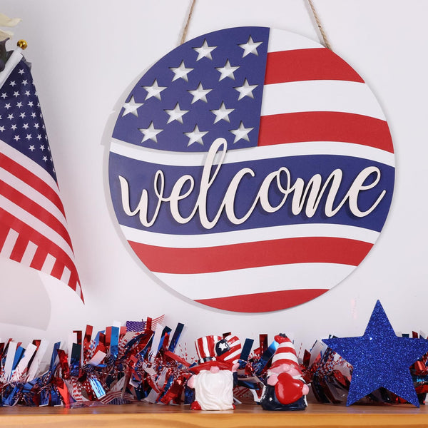 2D Memorial Day Door Sign 4th of July Decorations Patriotic Wreaths Welcome Sign for Front Door