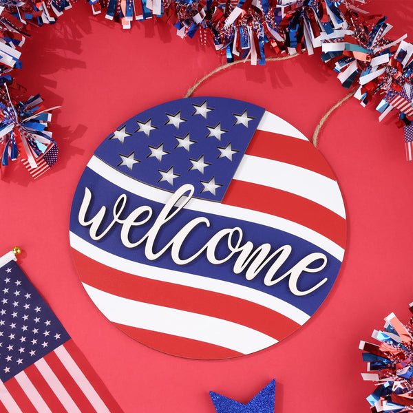 2D Memorial Day Door Sign 4th of July Decorations Patriotic Wreaths Welcome Sign for Front Door