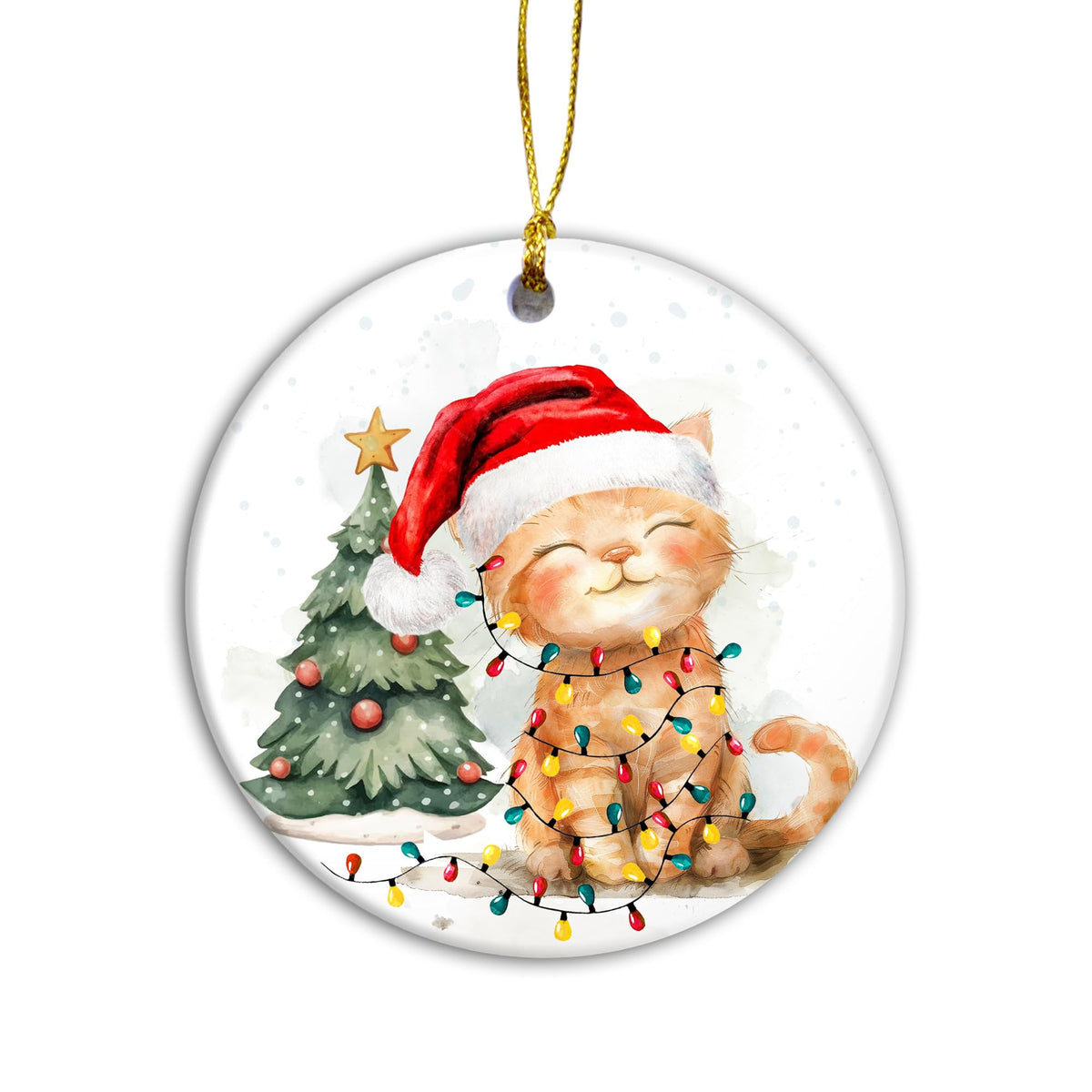 Meowy Cat Christmas Ornament – Adorable Kitten with Santa Hat and Fairy Lights Ornament