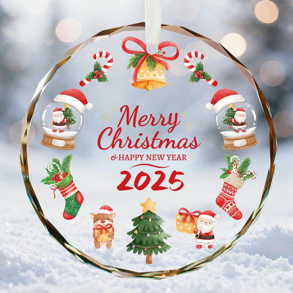 Merry Christmas Christmas Ornaments, 2025 Glass Christmas Ornament, 3 Inch Crystal Round Tree Decoration with Gift Box