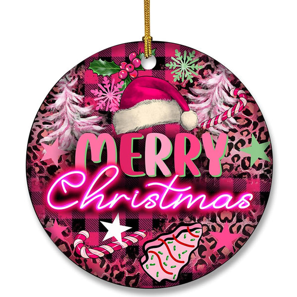 Merry Christmas Ornament for Christmas Tree Decorations, Pink Ceramic Ornament Hanging Decorations, Xmas Gifts for Ladies