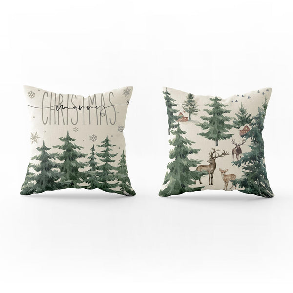 Christmas Pine Tree Pillow Covers 18×18 Inch, Winter Snow Forest Deer Throw Pillow Covers