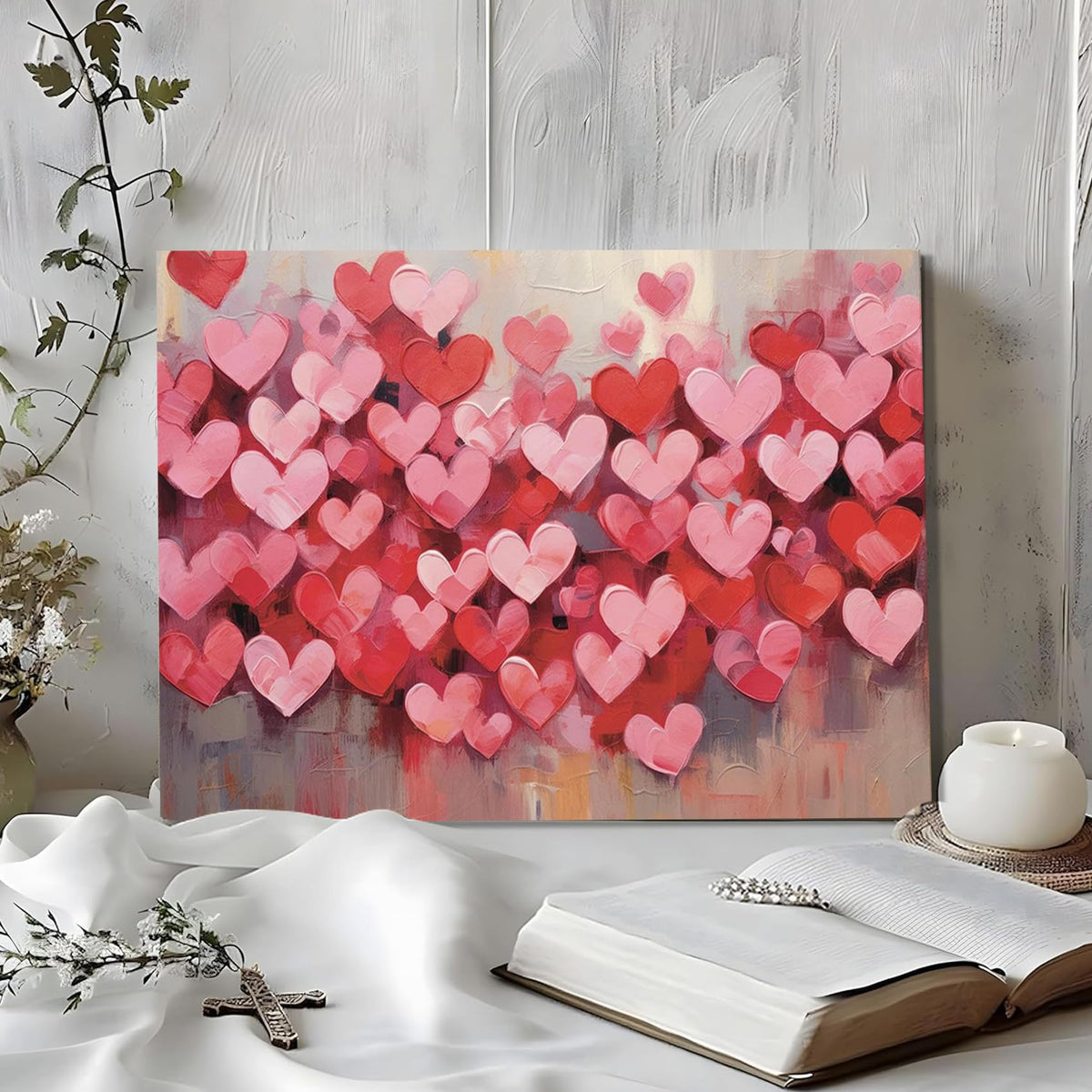 Modern Pink Heart Valentine's Day Canvas Wall Art, Framed Love Paintings for Bedroom,Living Room, Office, Romantic Pictures for Home