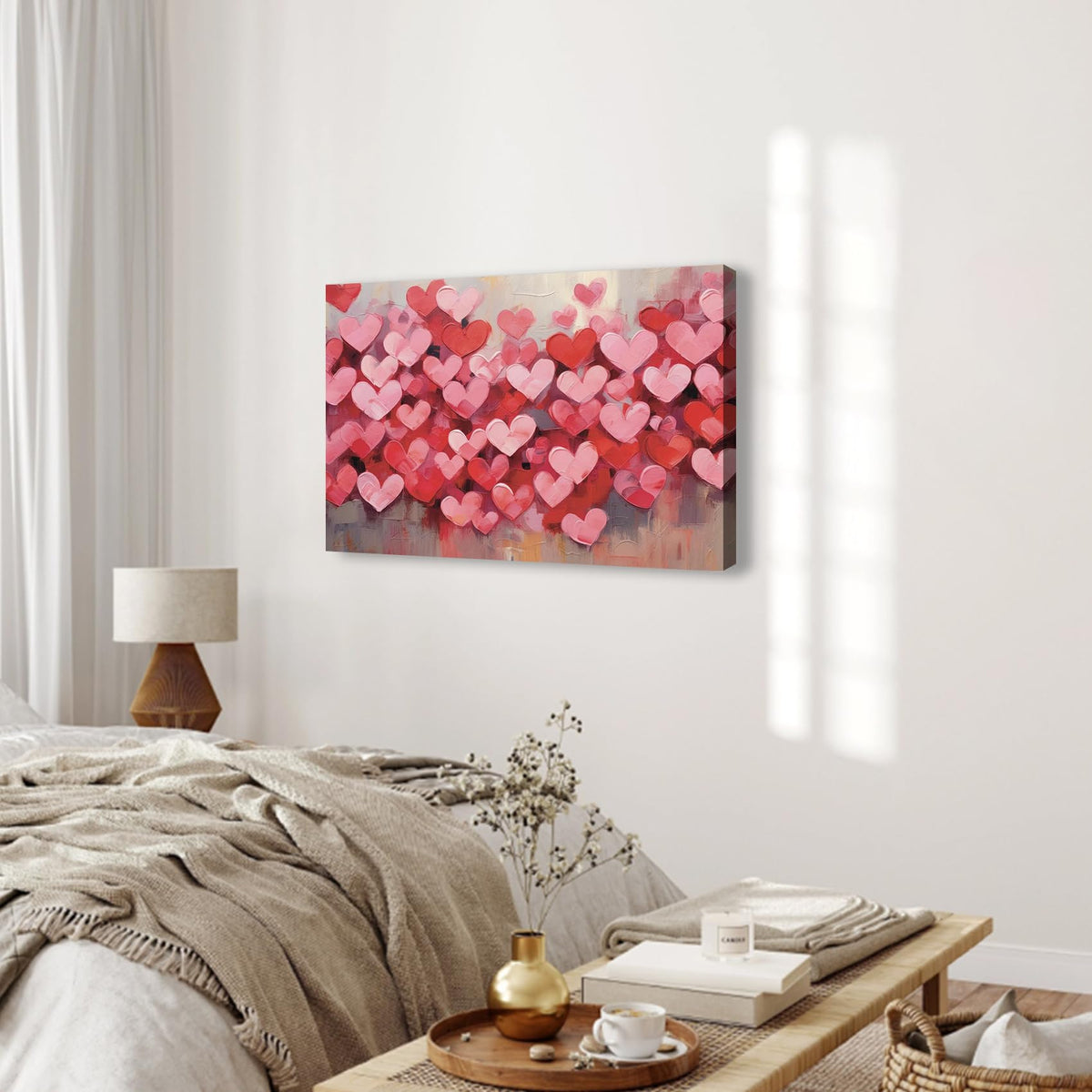 Modern Pink Heart Valentine's Day Canvas Wall Art, Framed Love Paintings for Bedroom,Living Room, Office, Romantic Pictures for Home