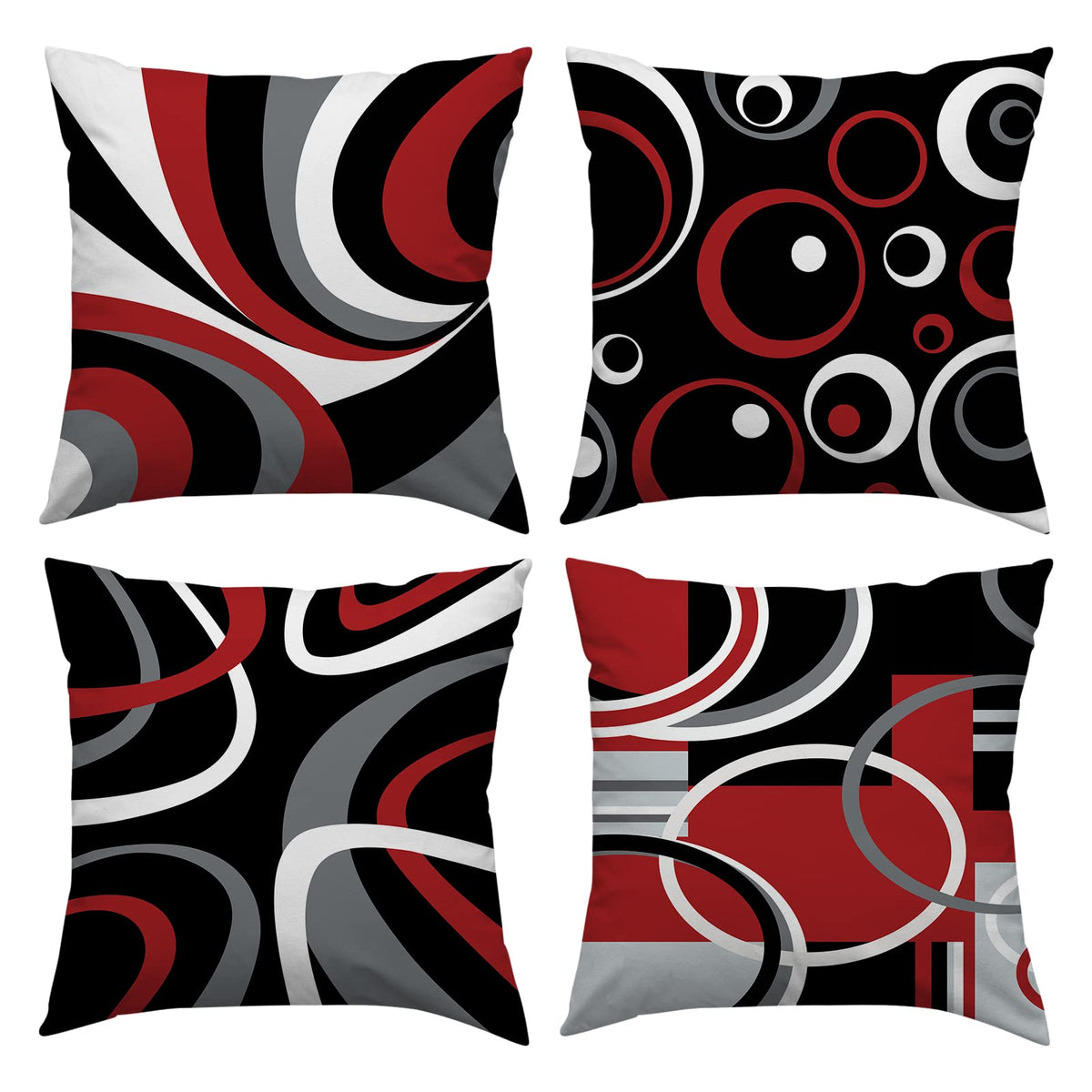 Red and Black Throw Pillow Covers 18x18 Set of 4,Grey Modern Abstract Pillowcases,Gray Geometric Circle Pattern