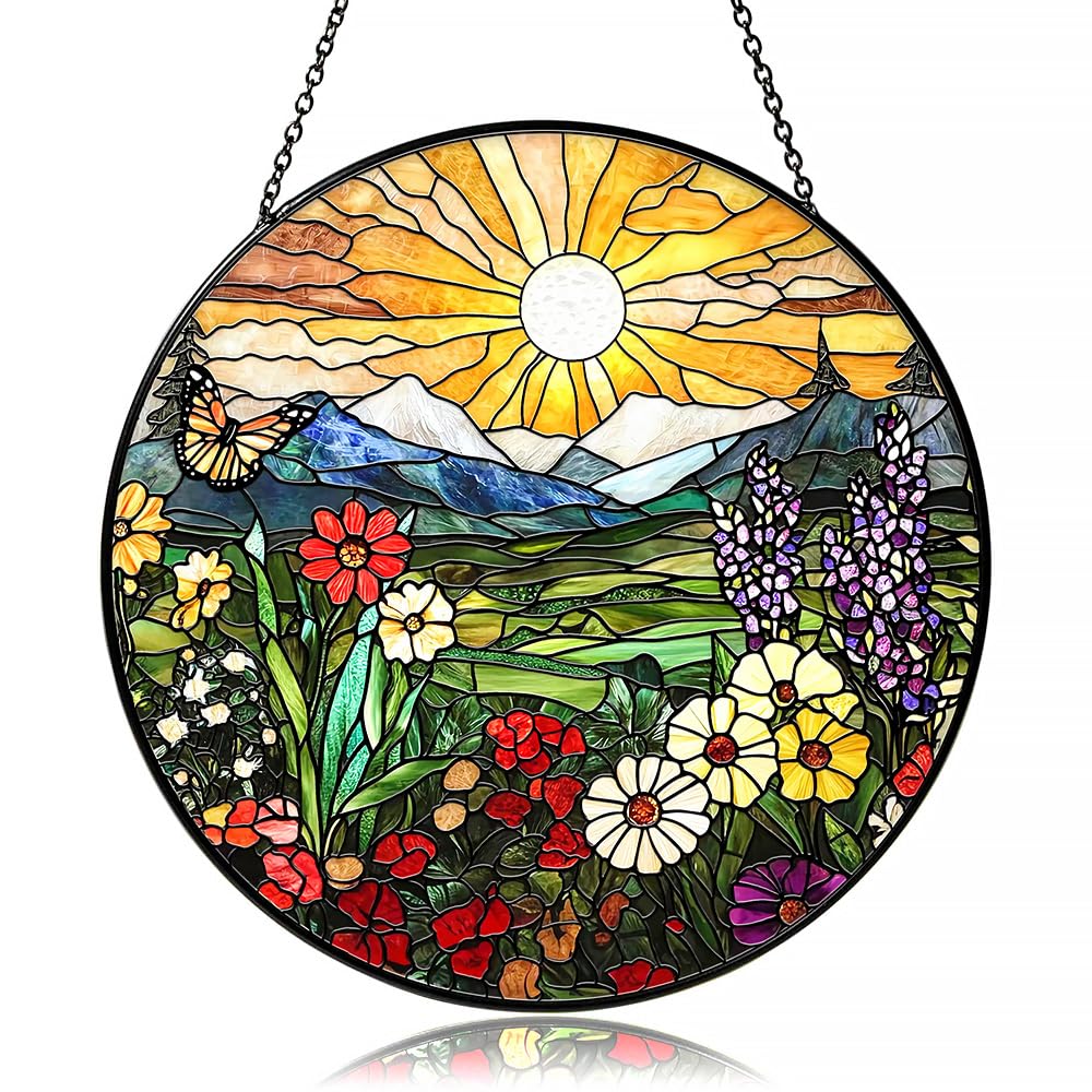 Mountain Wildflowers Stained Glass Suncatcher for Windows - Vibrant Sun Catchers Indoor Hanging Decor