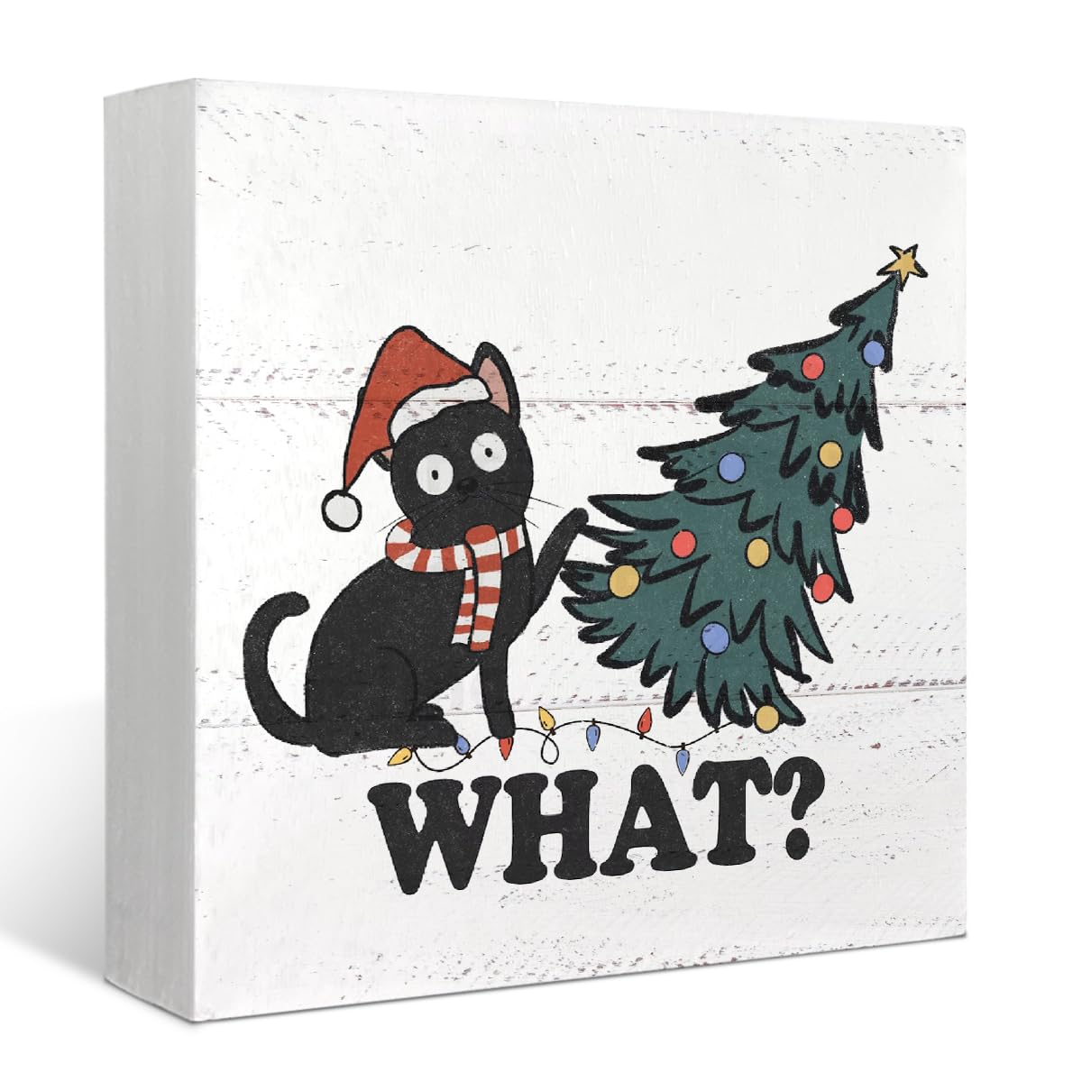 Cat Christmas Decor Sign,Funny Cat What Gifts for Cat Lovers,Rustic Christmas Tree Black Cat Wooden Box Signs