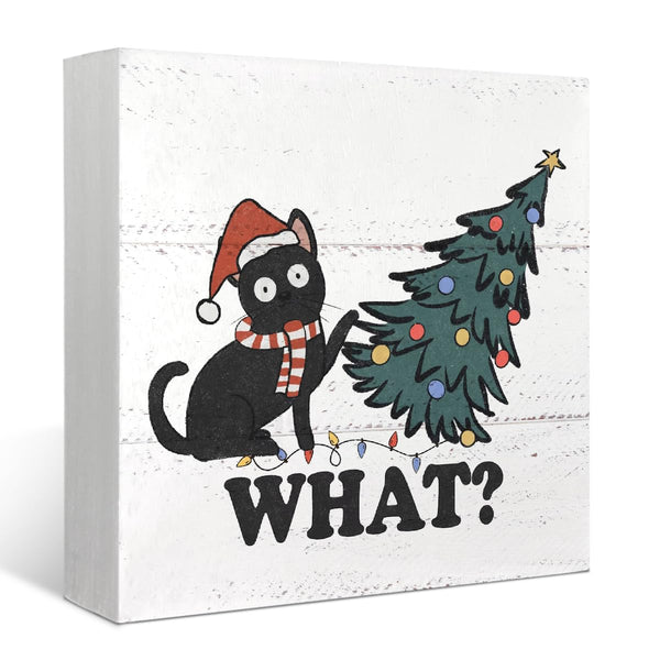 Cat Christmas Decor Sign,Funny Cat What Gifts for Cat Lovers,Rustic Christmas Tree Black Cat Wooden Box Signs